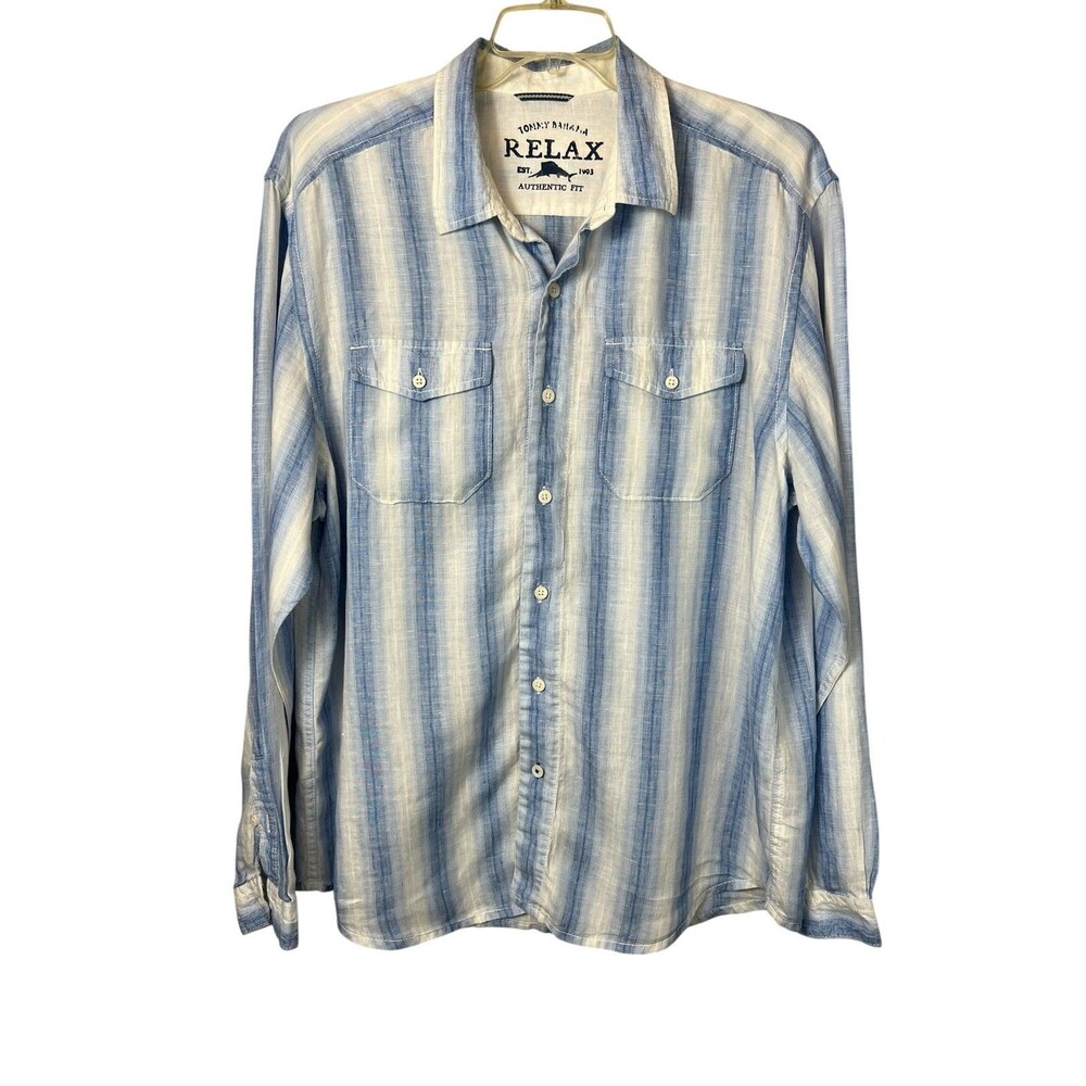 Tommy Bahamas RELAX Men's Blue Stripe Long Sleeve 100% Linen Shirt  XL  Coastal